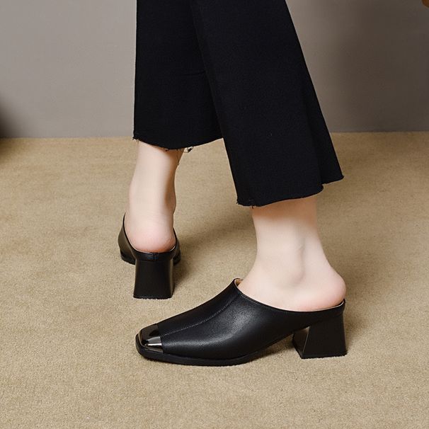 Square-toed Slippers For Outdoor Wear, 2025 Spring-summer New French Style, Iron-toed Cowhide Chunky Heel Sandals,_vogvips.com