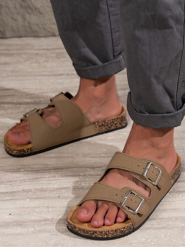 Men's Teen Mules New Spring And Summer Retro Casual Slip-On Shoes Pu Upper Double Strap Half Slippers With Adjustable Buckle_vogvips.com