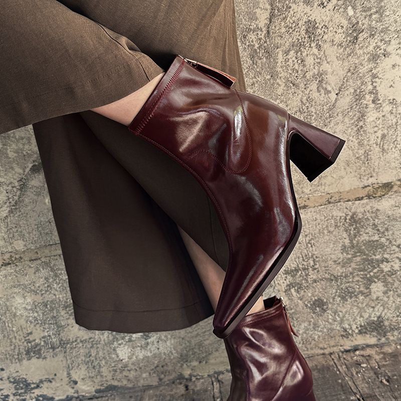 Gorgeous Angora Red! Cowhide~ Square Toe Short 7cm High Heel Martin 2024 Autumn Winter New Slim Boots For Women_vogvips.com