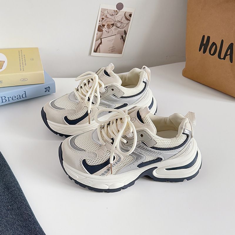 Women Beige Navy Silver Mesh Dad Shoes Multi Color Block Thick Cushion Lace Up Outdoor Running Sneakers_vogvips.com