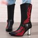 Women's Fashion Boots With Embroidery, Chunky Heel, Mid-Calf Height, Side Zipper, Black & Burgundy, Sizes 5-11_vogvips.com