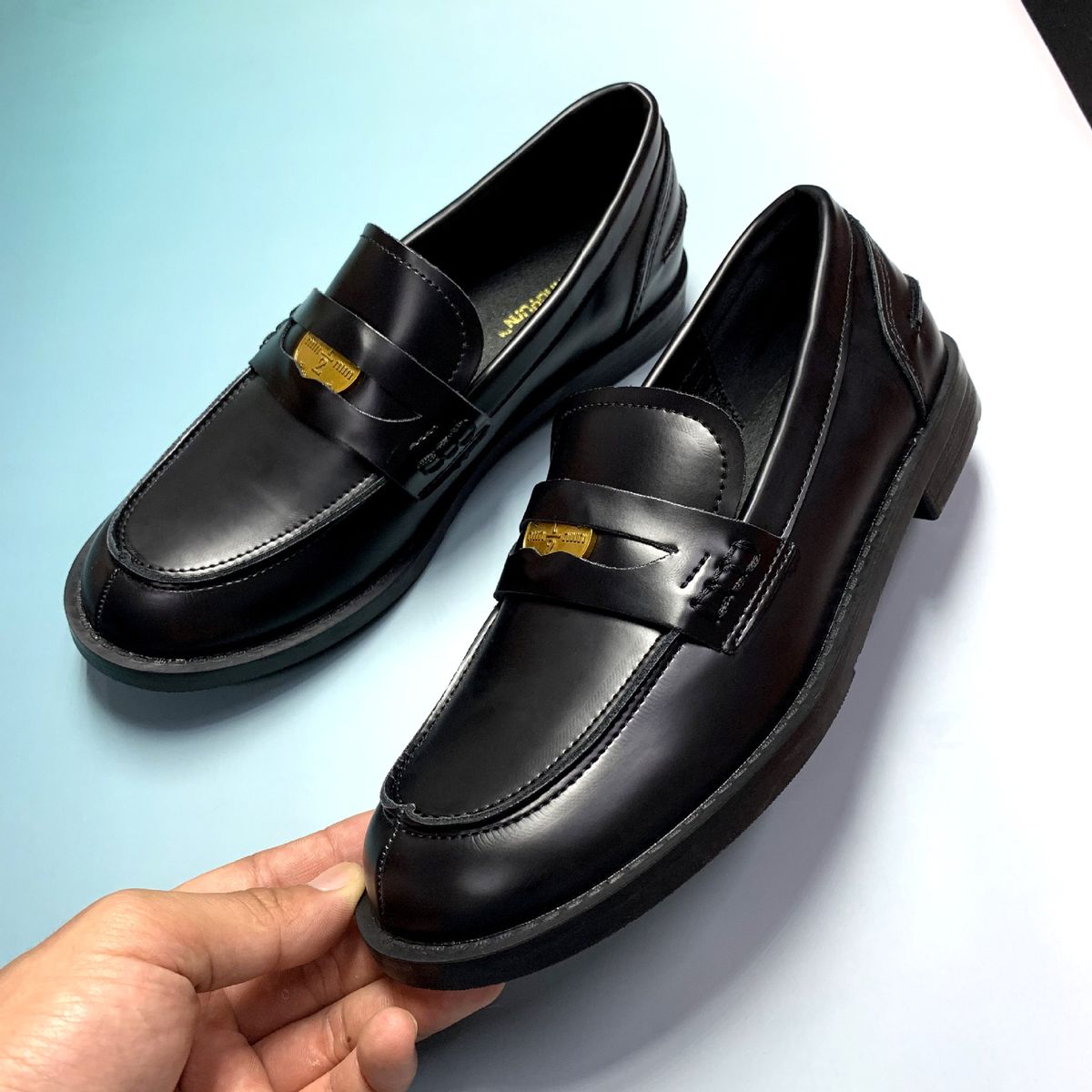 Round Head Polished Small Gold Coins Thick Heel Platform Loafers Small Leather Shoes_vogvips.com
