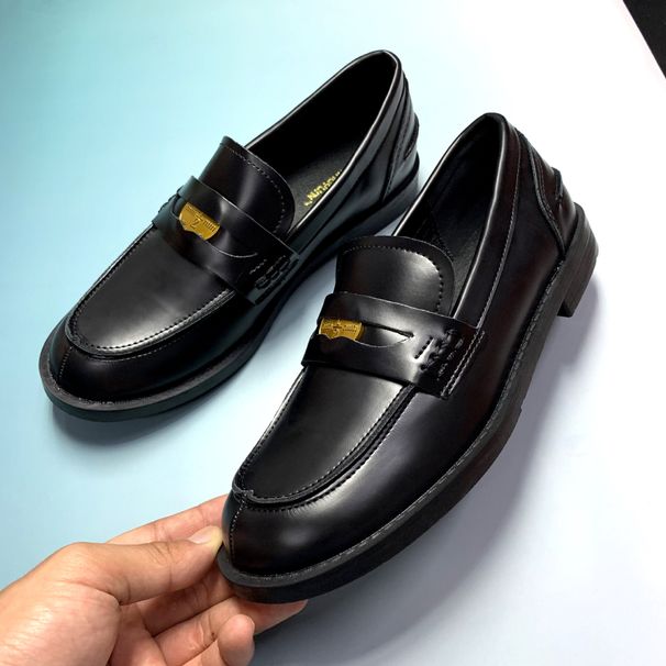 Round Head Polished Small Gold Coins Thick Heel Platform Loafers Small Leather Shoes_vogvips.com