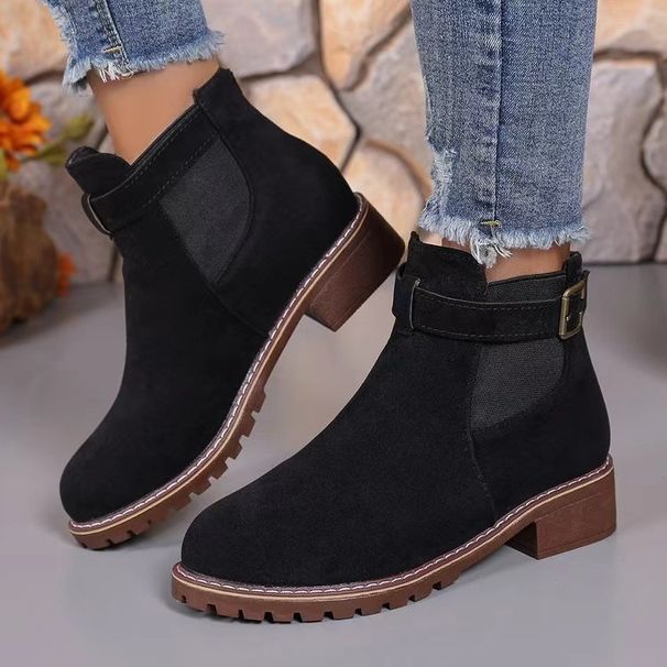 New Style Women's Martin Boots In Autumn And Winter, With Elastic Strap And Belt Buckle, Round Toe, Square Heel, Mid-calf Boots, Women's Shoes_vogvips.com