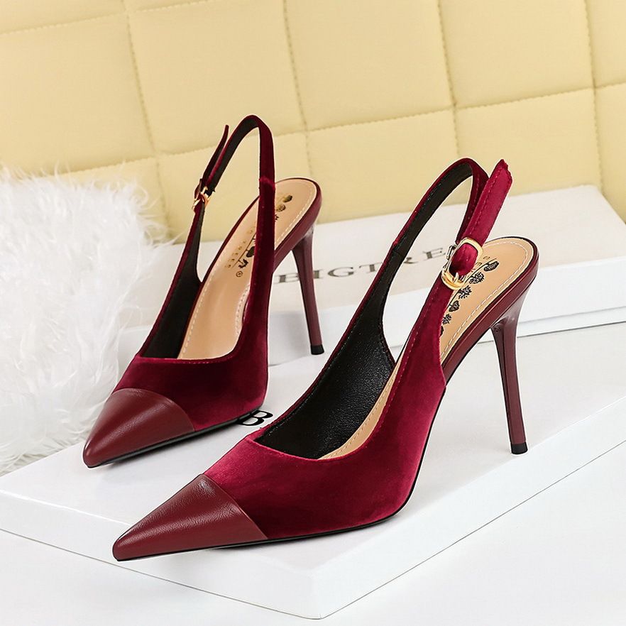 High-heeled women's shoes light velvet with thick suede splicing pointe back hollow back strap single shoes_vogvips.com