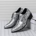 Fashionable Snake Pattern Heel Pointed Silver Business Leather Shoes For Men Casual Men's Shoes Nightclub Fashion Show Trend European And America_vogvips.com
