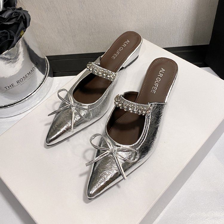 Women's Pointed Toe Rhinestone Slippers Fashionable Sandals French Bow Light Luxury Half Slippers Winter New Style_vogvips.com