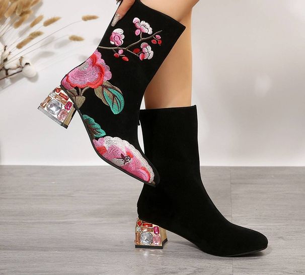 Large Size Embroidered Mid-heel Women's Leather Boots For 2025- Autumn And Winter In Stock_vogvips.com