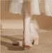 Leather Mary Jane Women's Shoes - One Strap, Rhinestone, Chunky Heel, Square Toe, High Heel, Nude Single Shoe_vogvips.com