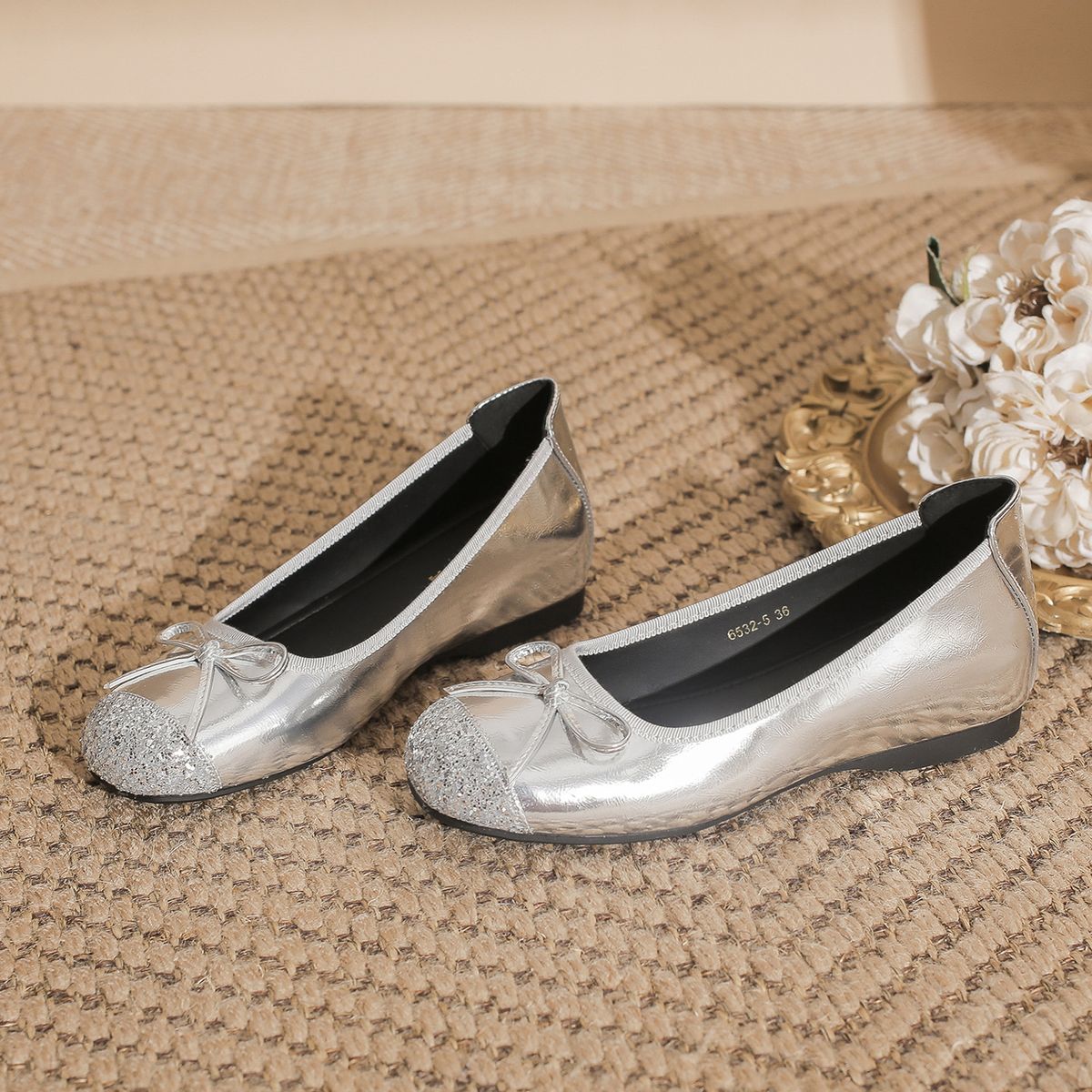 NEW French-style High-heel Ballet Flat-toe Open-toe Shoes, Flat-bottomed, Evening Shoes, Women's Silver-colored Leather Shoes_vogvips.com