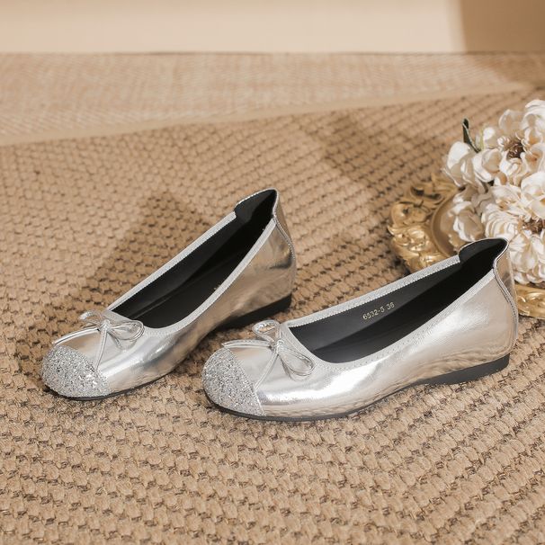 NEW French-style High-heel Ballet Flat-toe Open-toe Shoes, Flat-bottomed, Evening Shoes, Women's Silver-colored Leather Shoes_vogvips.com
