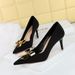 18249-AK68 Korean Style Fashionable Banquet Women's Shoes With Thin High Heels, Silk, Shallow Mouth, Pointed Metal Bow,_vogvips.com