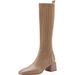 Plus Size Knitted Leather Socks New Over-the-Knee Slimming Elastic Mid-Calf Long Boots Women High Heel Square Toe_vogvips.com
