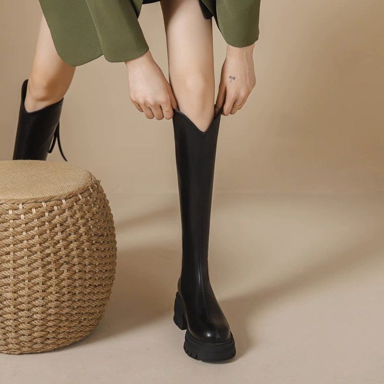 V Mouth Long For Women 2025 Autumn New Brown Petite Height Increasing Thick Sole High Tube Over-the-Knee Riding Boots_vogvips.com