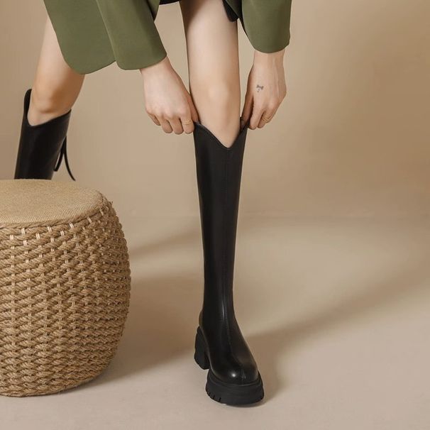 V Mouth Long For Women 2025 Autumn New Brown Petite Height Increasing Thick Sole High Tube Over-the-Knee Riding Boots_vogvips.com