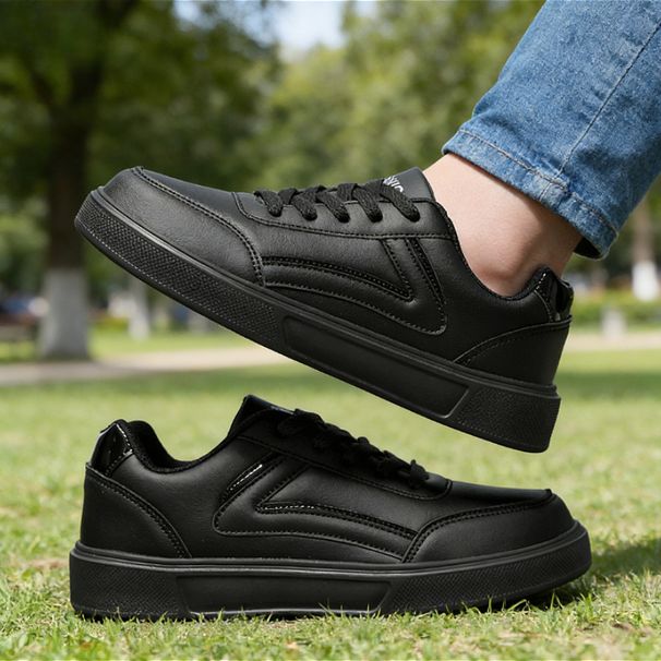 Classic All Black Leather For Women Lace-up Casual Sneakers Lightweight Breathable Skate Shoes Non-slip Work Footwear_vogvips.com