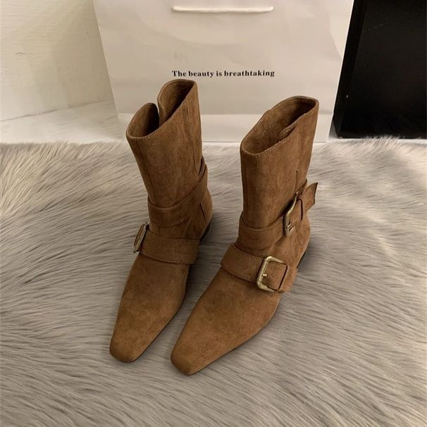 2026 Korean Version New Niche Design Retro French Short Small Square Toe Western Boots, Suede Mid-calf Boots For Women_vogvips.com