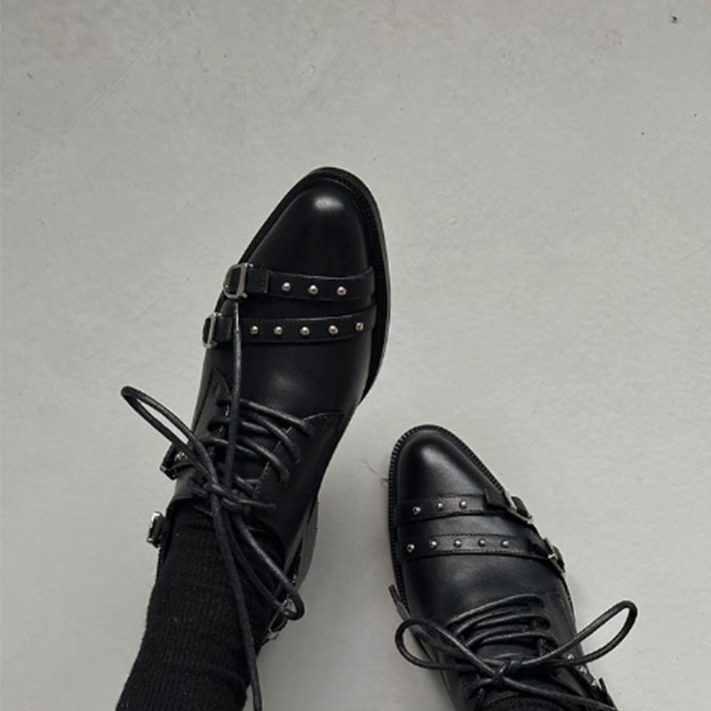 Designer Leather Thick-soled Large-headed Metal Strap Versatile Loafers,English-style,height-increasing,lace-up Little Leather Shoes_vogvips.com