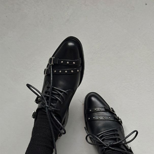 Designer Leather Thick-soled Large-headed Metal Strap Versatile Loafers,English-style,height-increasing,lace-up Little Leather Shoes_vogvips.com