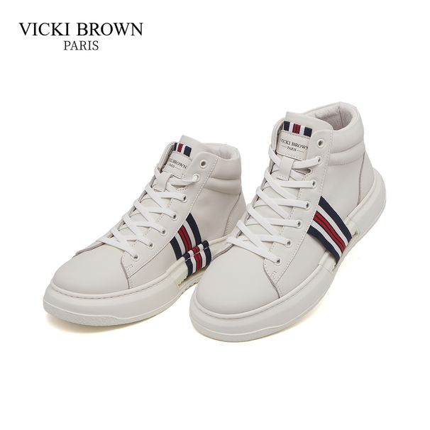 VICKI BROWN Men's White Leather High-Top Sneakers, Comfortable Casual Shoes With Striped Accent_vogvips.com