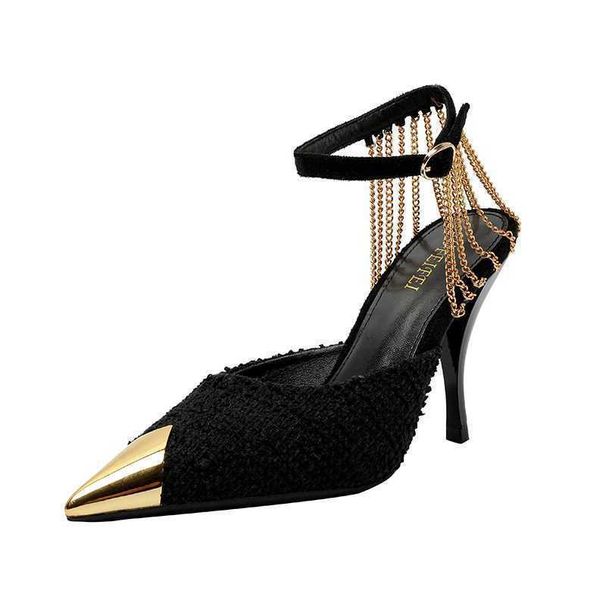 Women's Elegant Chain Detail Pointed-Toe Stiletto Pumps In Classic Black For Office & Evening Wear Pointed Toe And Stiletto Heel In Sexy Black._vogvips.com