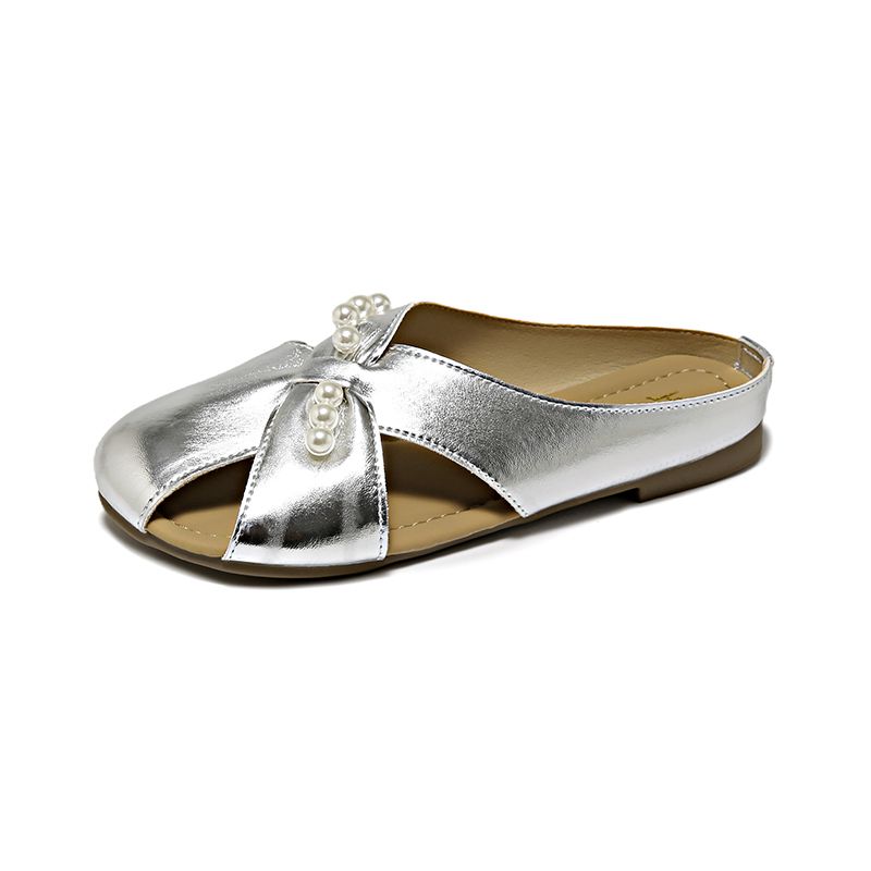 Pearl Cross-hole Open-toe Headband Versatile Half-pedal Women's 1.5CM Low-heeled Müller Shoes For Lazy Casual Wear Flat Sandals_vogvips.com