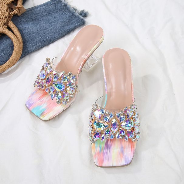 Elegant Iridescent Rhinestone Square-toed Slip-on Transparent Chunky High-heeled Sandals, Summer Outdoor High-end_vogvips.com