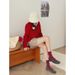 Women's Berry Red Knit Socks With Bow And Checkered Pattern, Medium Cuff, Breathable Cotton, All-Season Wear Polka Dot Stacked Socks_vogvips.com