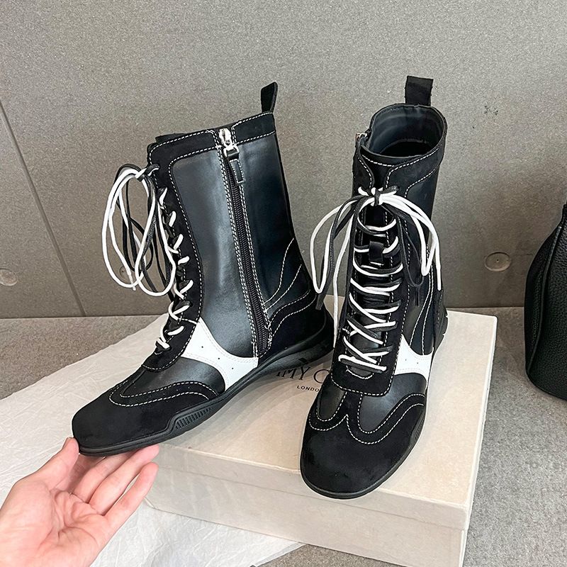 Women Boxing Boots Premium Round Toe Color-Block Double Lace Martin 2025 New Style Elegant Versatile Thick Sole Height-Increasing Boxing_vogvips.com