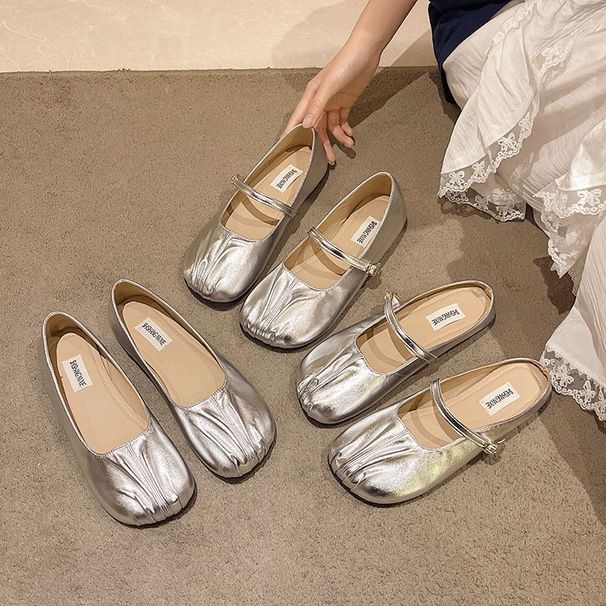French Silver Strap Mary Jane Single Shoe Women's Half Drag 2025 New Summer Outfit Skirt Soft Flat Bean Shoes_vogvips.com