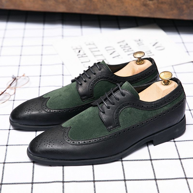 Spring New Color-Block Pointed Leather Large Size Formal Casual Low-Cut Lace-Up Men's Shoes_vogvips.com