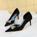 6168-AK51 Korean Version High-heeled Slim Heel, Shallow Mouth Pointed Toe, Side Hollowed Out Fabric, Metal Rhinestone_vogvips.com