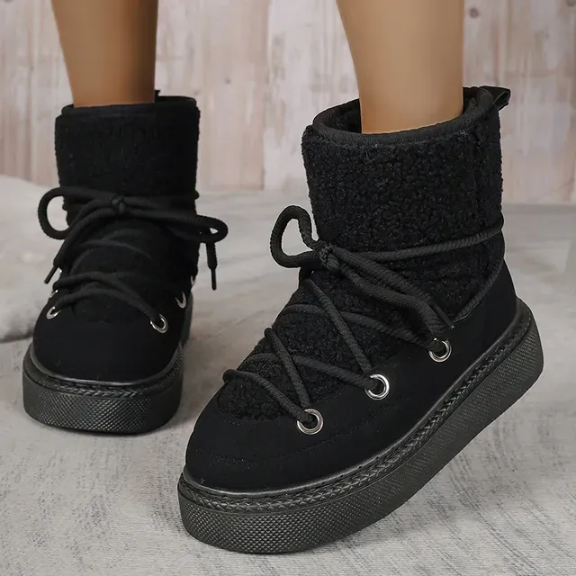 Women Suede Snow 2024 Winter Lace Up Warm Padded Ski Boots Leisure Synthetic Wool Platform Short Shoes_vogvips.com
