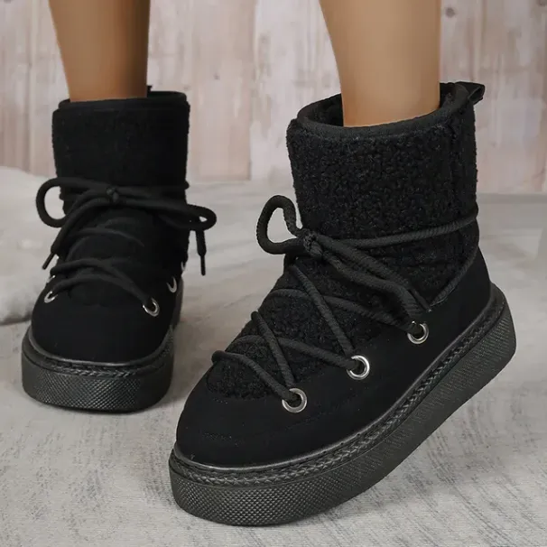 Women Suede Snow 2024 Winter Lace Up Warm Padded Ski Boots Leisure Synthetic Wool Platform Short Shoes_vogvips.com