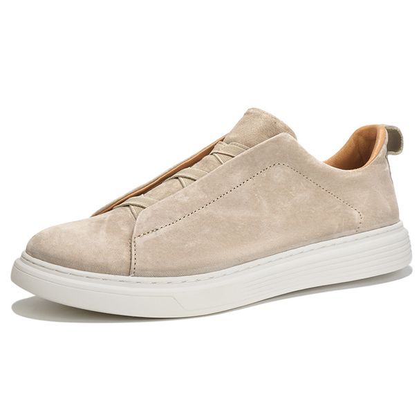 First Layer Pigskin Breathable Large Size Shoes Men's Elastic Free Shoelaces White Shoes Casual Loafers Round Head Board Shoes_vogvips.com
