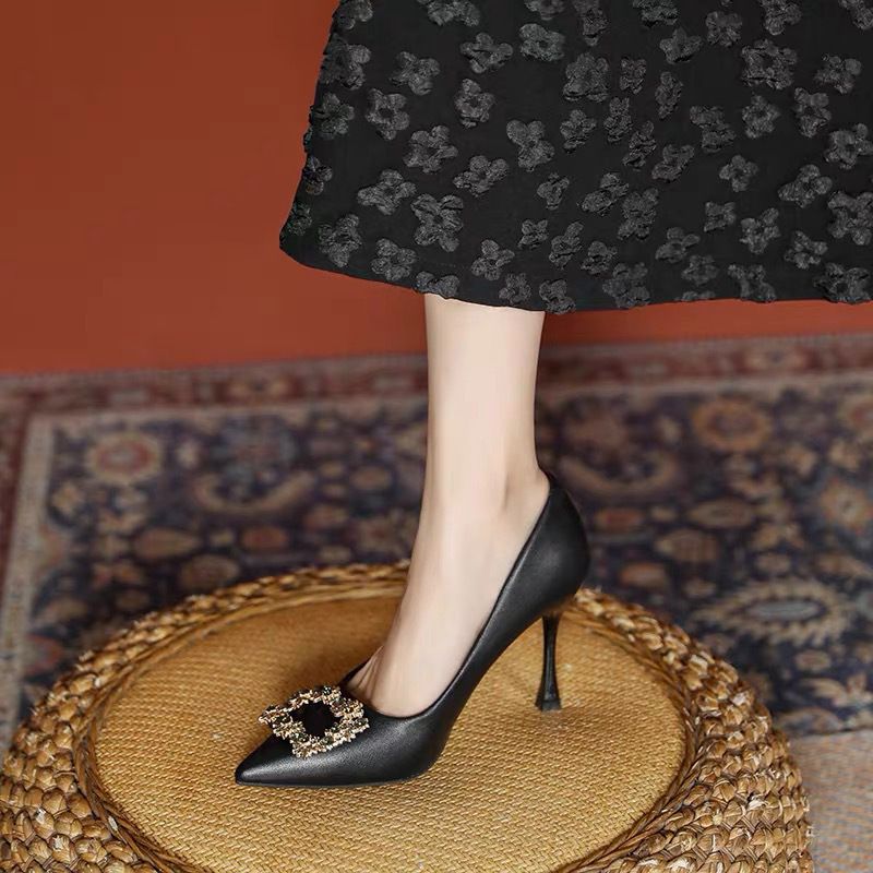 Black High Heeled New Plus Size Women S Shoes Not Tiring For Feet Cm Rhinestone French Pointed Work Order_vogvips.com