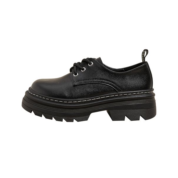 Round Head Loafers Women's Platform British Style Small Leather Shoes Lace-up Thick Heel Height-increasing Single Shoes_vogvips.com
