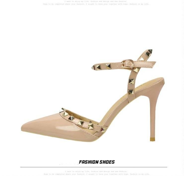 Women S Pumps Rivet High Heels Stiletto Korean Version Versatile Nude Color Cool One Word Buckle Bag Heel Sandals_vogvips.com