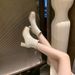 French Chunky Square Toe High Heel Martin Short Thick Sole Petite Height Increasing New Style Single-Lined White Slim_vogvips.com