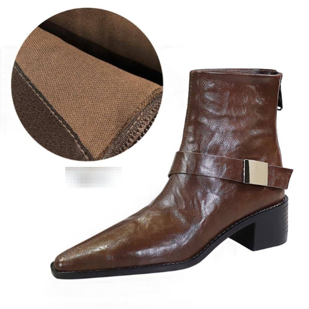 Retro European Style Mid-Heel Chunky Heel Pointed Toe Ankle Boots With Metal Buckles - Winter Fashion Short Boots For Women (Black, Dark Brown)_vogvips.com