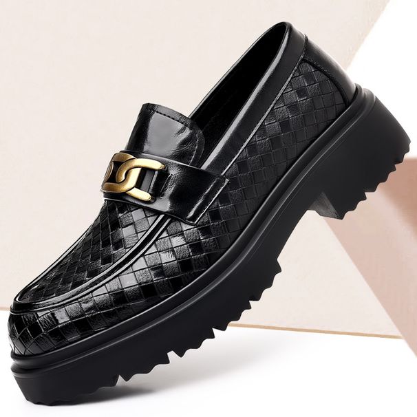Spring New Men's Loafers Casual Leather Thick Sole Woven Derby European And American Business Trend Height Increasing_vogvips.com
