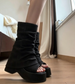 Black Wedge Andal Women, 2026 New Ummer Open-toe Tacked Boot, Comfortable For Mall Feet, Thick-oled Mid-calf_vogvips.com