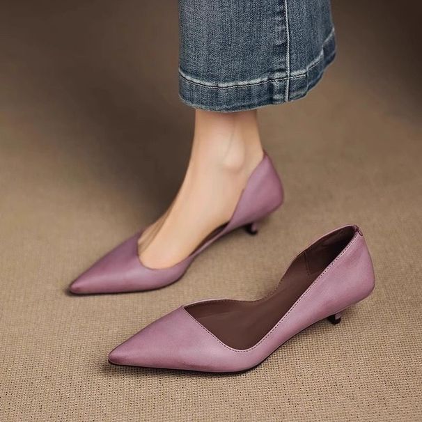 French-style Pointed-toe Mid-heel Work Commuting For All Seasons, 2026 New Super Popular Purple Side-cut Cat-heel Spring_vogvips.com