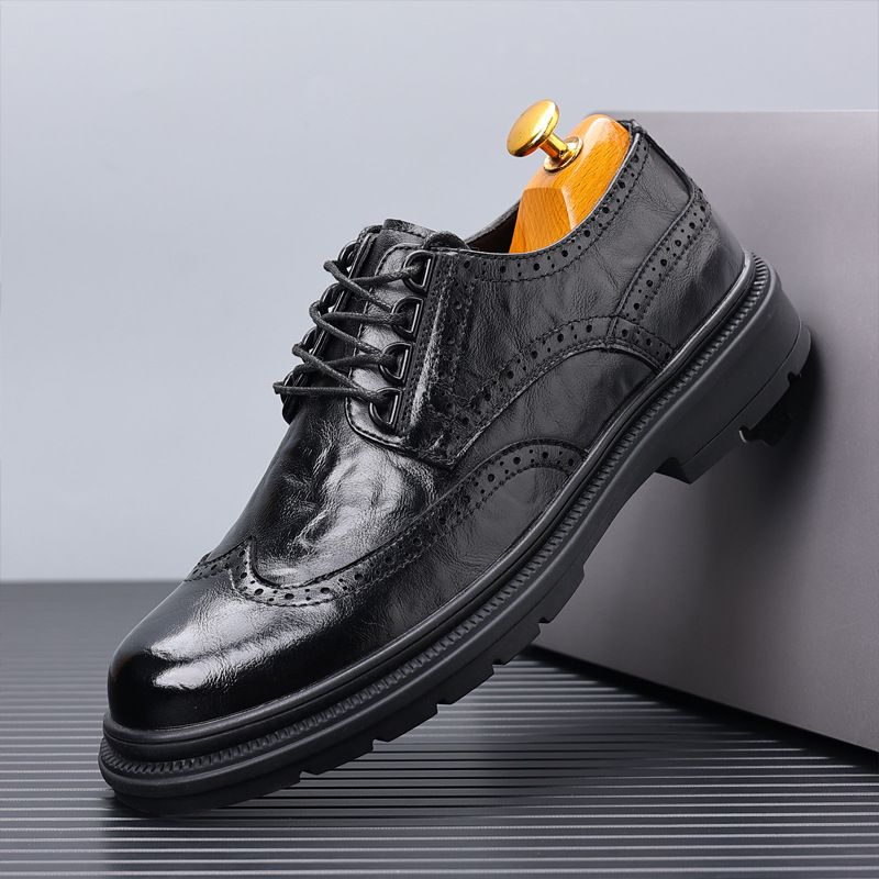 Euro Step Men's Leather Spring Breathable Business Formal Brogue Carved British Casual Height Increasing Groom Wedding Shoes_vogvips.com