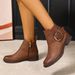 Women's Casual Low-Cut Ankle Boots With Side Zipper & Chunky Buckle - Soft Round Toe Slip-On Booties For Winter (Light Brown)_vogvips.com