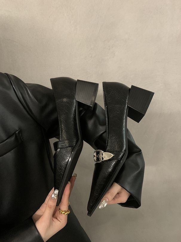 Thick-heeled Black Pointed-toe Hih-heeled Women's Shoes 2024 New Korean-style French Retro Leather Loafers For_vogvips.com