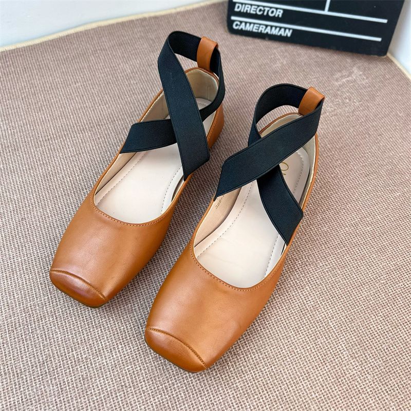 Stylish French Elastic Cross Strap Tight Mary Jane Shoes Hepburn Style Low-Cut Square Toe Ballerina Flats_vogvips.com