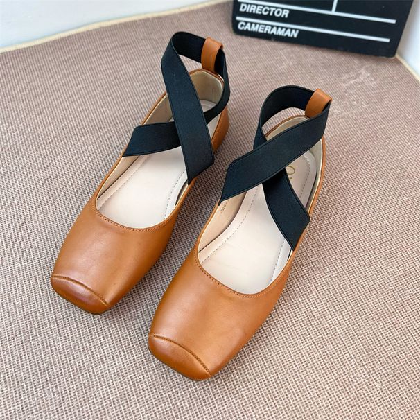 Stylish French Elastic Cross Strap Tight Mary Jane Shoes Hepburn Style Low-Cut Square Toe Ballerina Flats_vogvips.com
