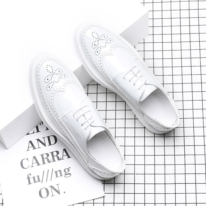Suitable For All Seasons White Brogue For Men Korean Style Patent Leather Carved Breathable Business Formal Versatile Casual Men's Shoes A310-G_vogvips.com