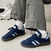 Navy Suede Pale Blue Stripe Retro Gum Sole Sneakers Classic Trainer Shape_vogvips.com